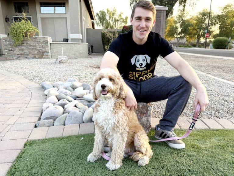 Happy golden retriever playing in a poop-free yard