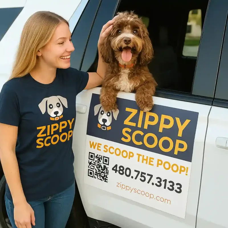 Friendly Zippy Scoop team member kneeling next to a happy golden retriever in a clean Arizona backyard